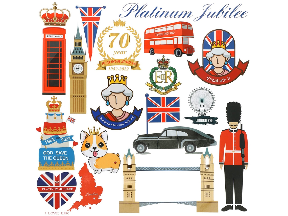 Conjunto de 4 Adesivos de Ícones de Londres Jubileu de Platina 2022 Decor Festiva PVC À Prova D'água para Festa Patriótica UK S/MARCA