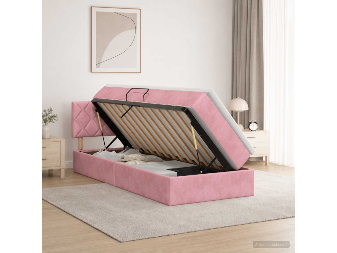 Vidaxl Cama Com Armazenamento Com Cabeceira Rosa 100 X 200 Cm Veludo