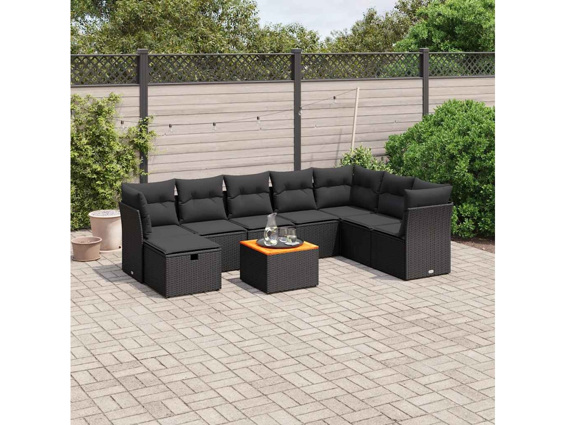 Vidaxl 9 Pcs Conjunto de Sofás P/ Jardim C/ Almofadões Vime Pe Preto