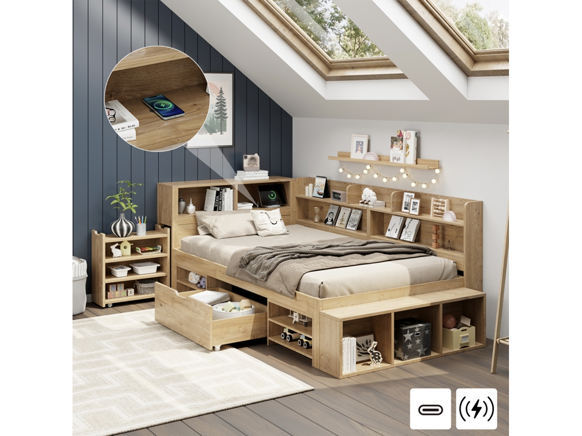 Cama Infantil Madeira Maciça 90x200 Mm Arrumação Wireless Mesa Cabeceira