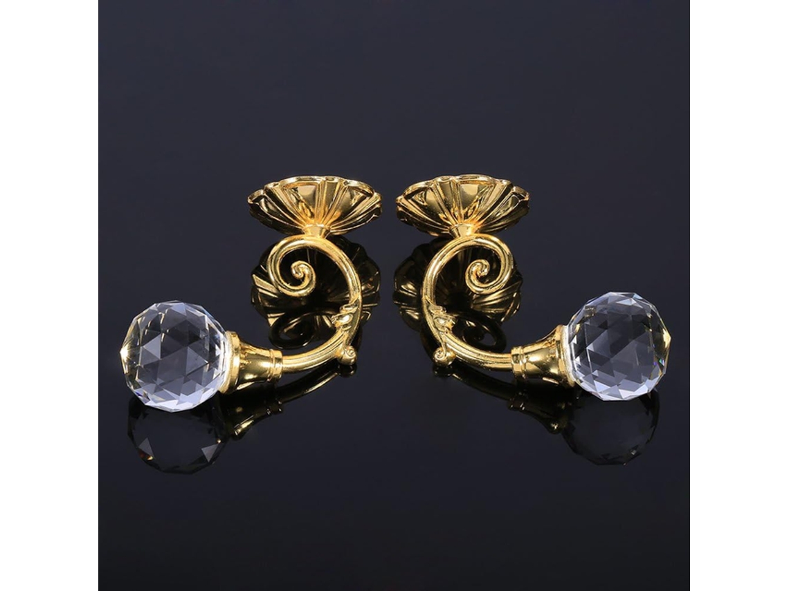 Conjunto 2 Ganchos Cortina Cristal - Suporte Estilo Europeu - Fixação Cordão Cortina - 6,5x4 Cm - Liga Zinco - Dourado