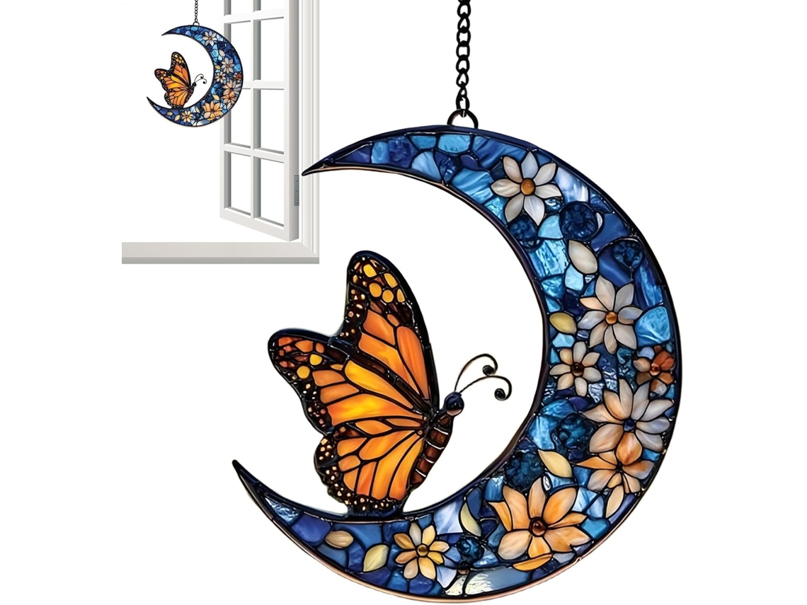Enfeite de Sol Borboleta Monarca e Lua com Flor Enfeite de Jardim Borboleta Monarca e Lua com Flor Enfeite em Acrílico, CHABERLU