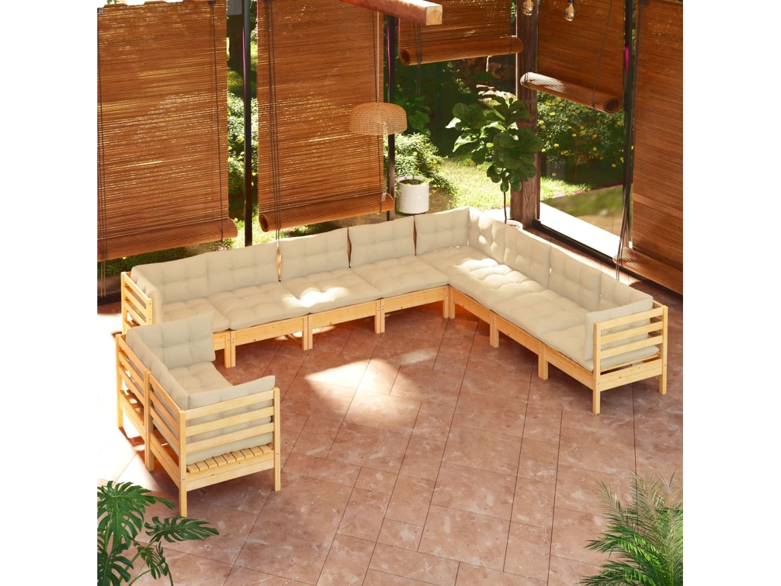 Vidaxl 10 Pcs Conjunto Lounge Jardim C/ Almofadões Creme Pinho Maciço