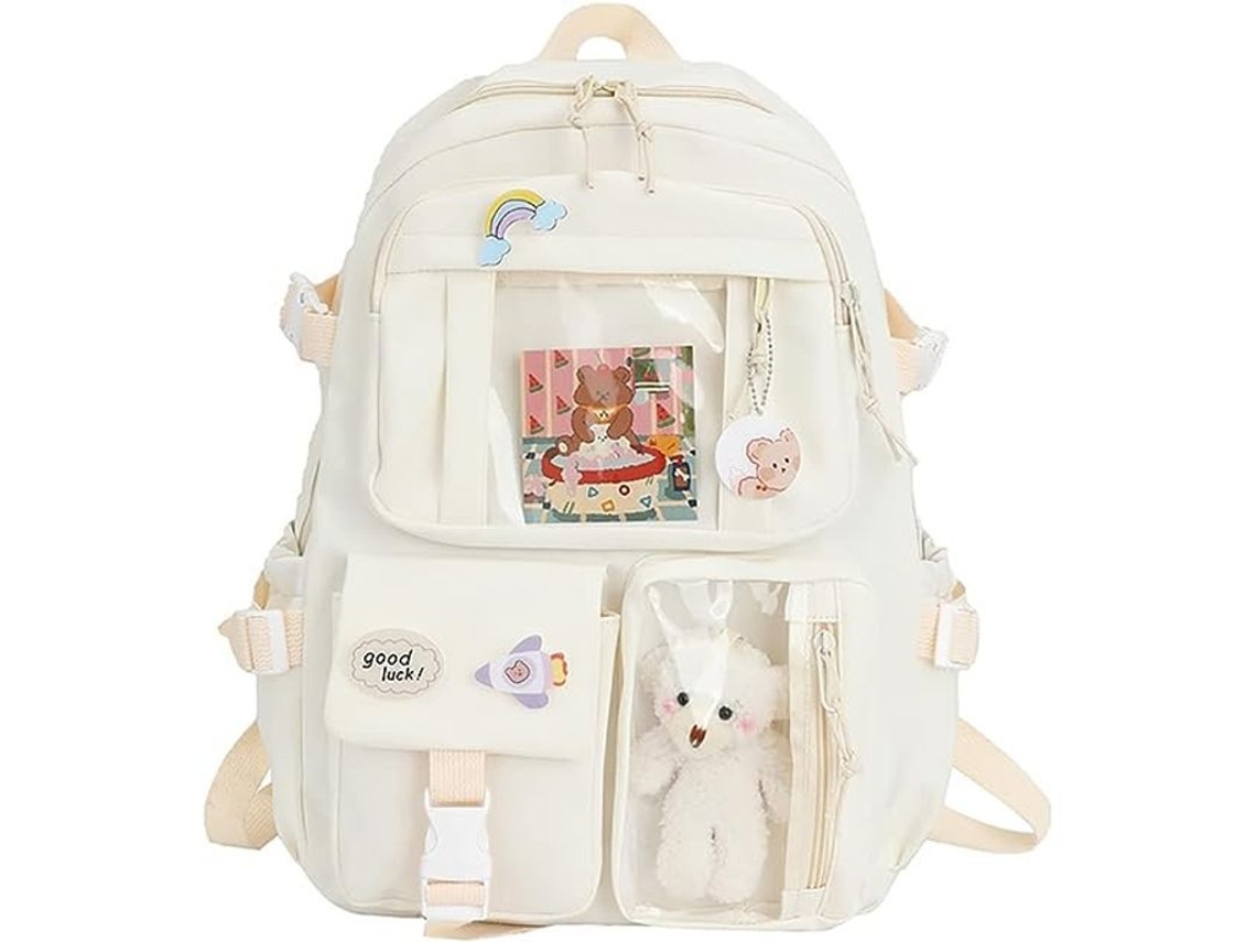 2026-mochila Escolar Kawaii Com Pin E Acessórios De Urso, Grande Capacidade E Múltiplos Bolsos (bege)