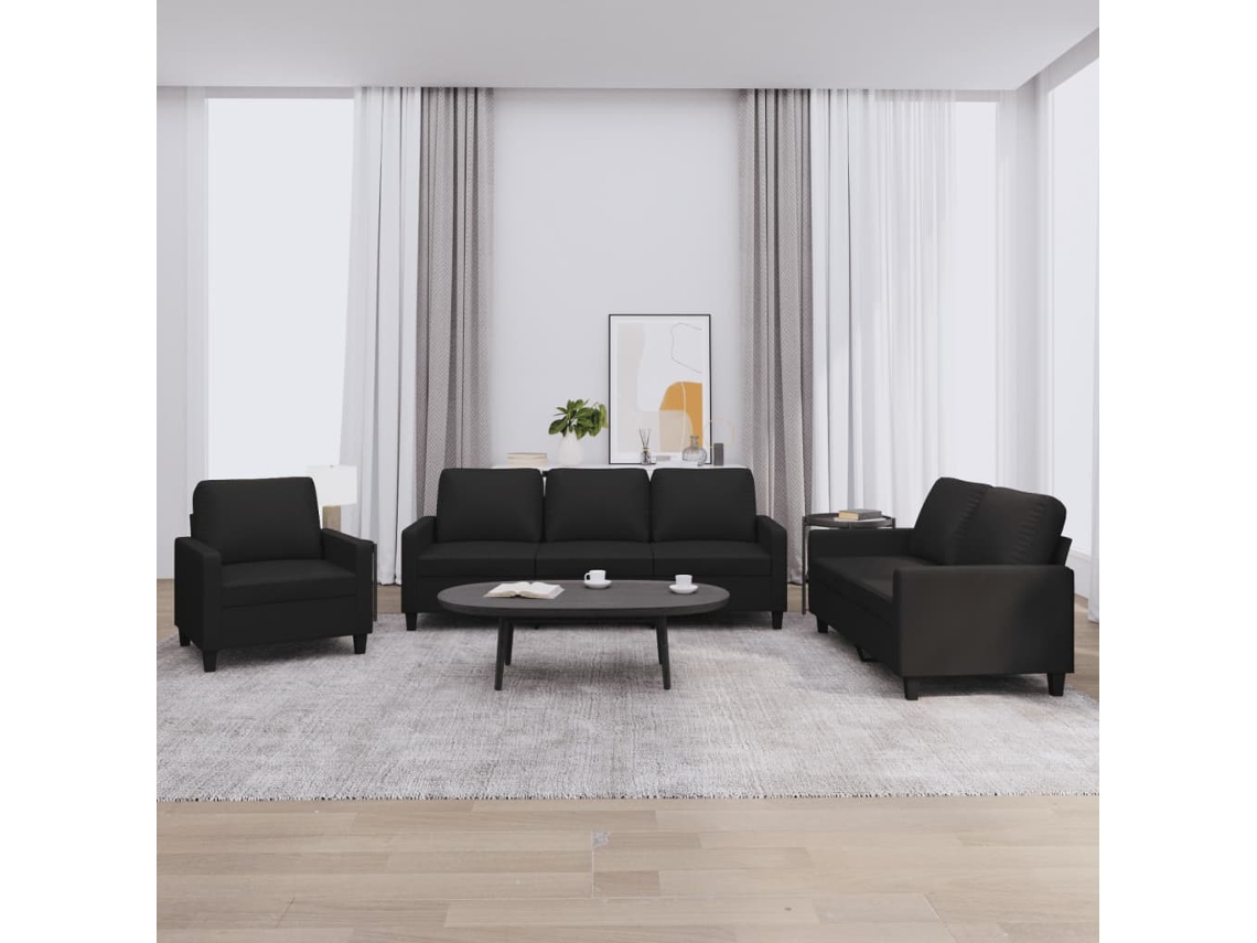 Vidaxl 3 Pcs Conjunto De Sofás Com Almofadões Couro Artificial Preto