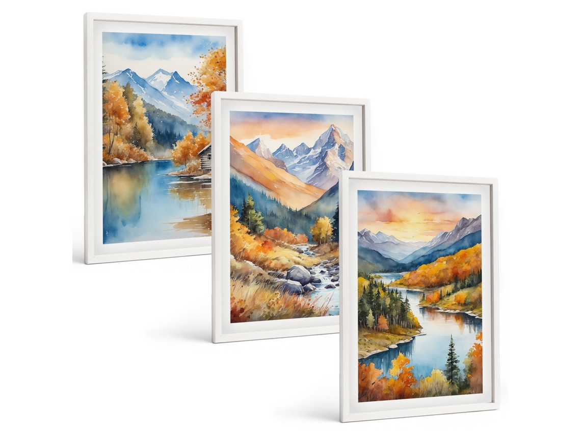 Conjunto De Pinturas Paisagem De Montanha Com Rio No Outono Espelharte (3 Peças 40x60 Cm)