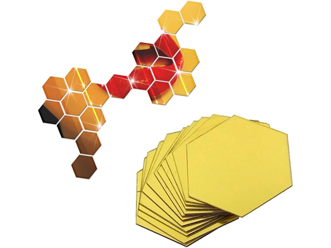 Conjunto 7 Adesivos Parede Hexagonais Espelhados Acrílico Dourado Decoração Ecológica Mesmo Estar Quarto GOKOCO