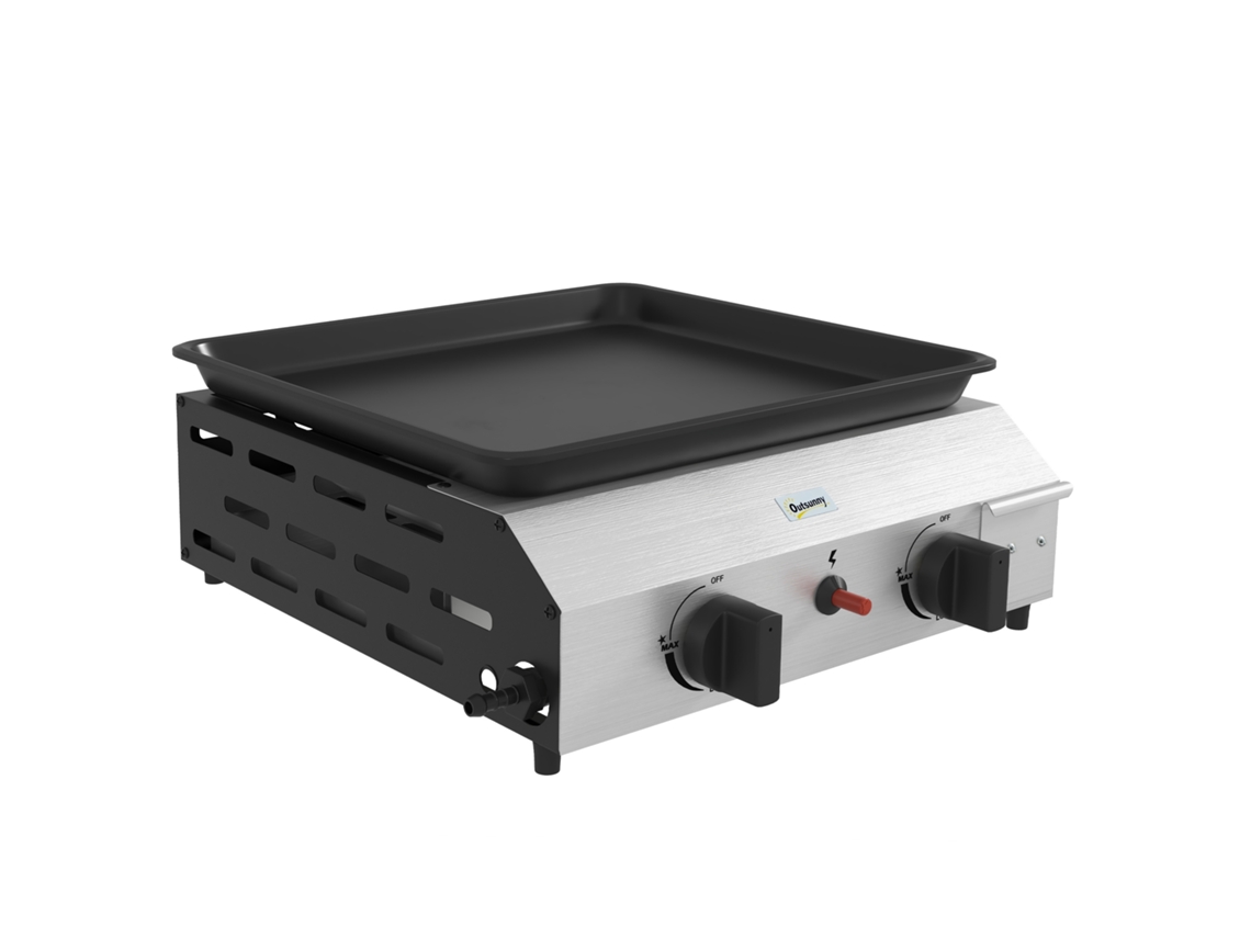 Prato de Churrasco a Gás com 2 Queimadores. Tampa Antiaderente e Potência de 4,8kw. Prata Ge