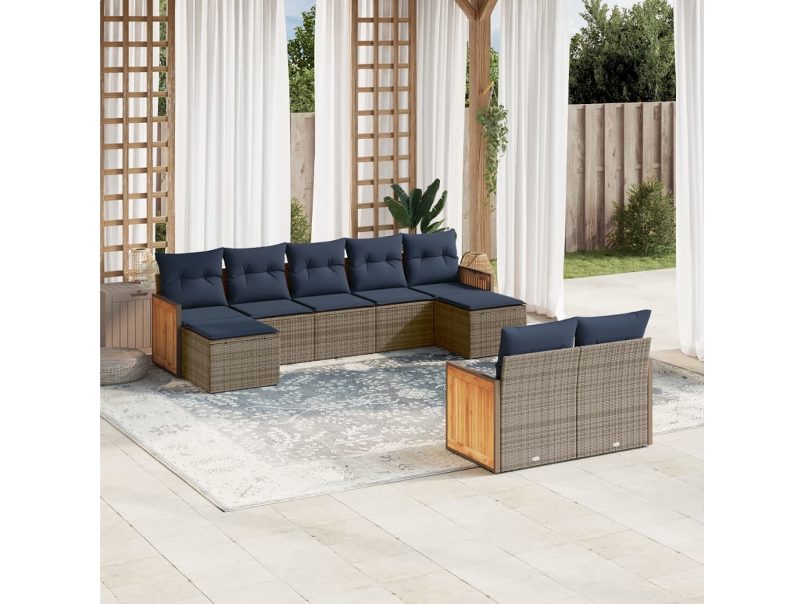 Vidaxl Conjunto De Sofá De Jardim De 9 Peças Com Almofadas Em Rattan Sintético Cinza