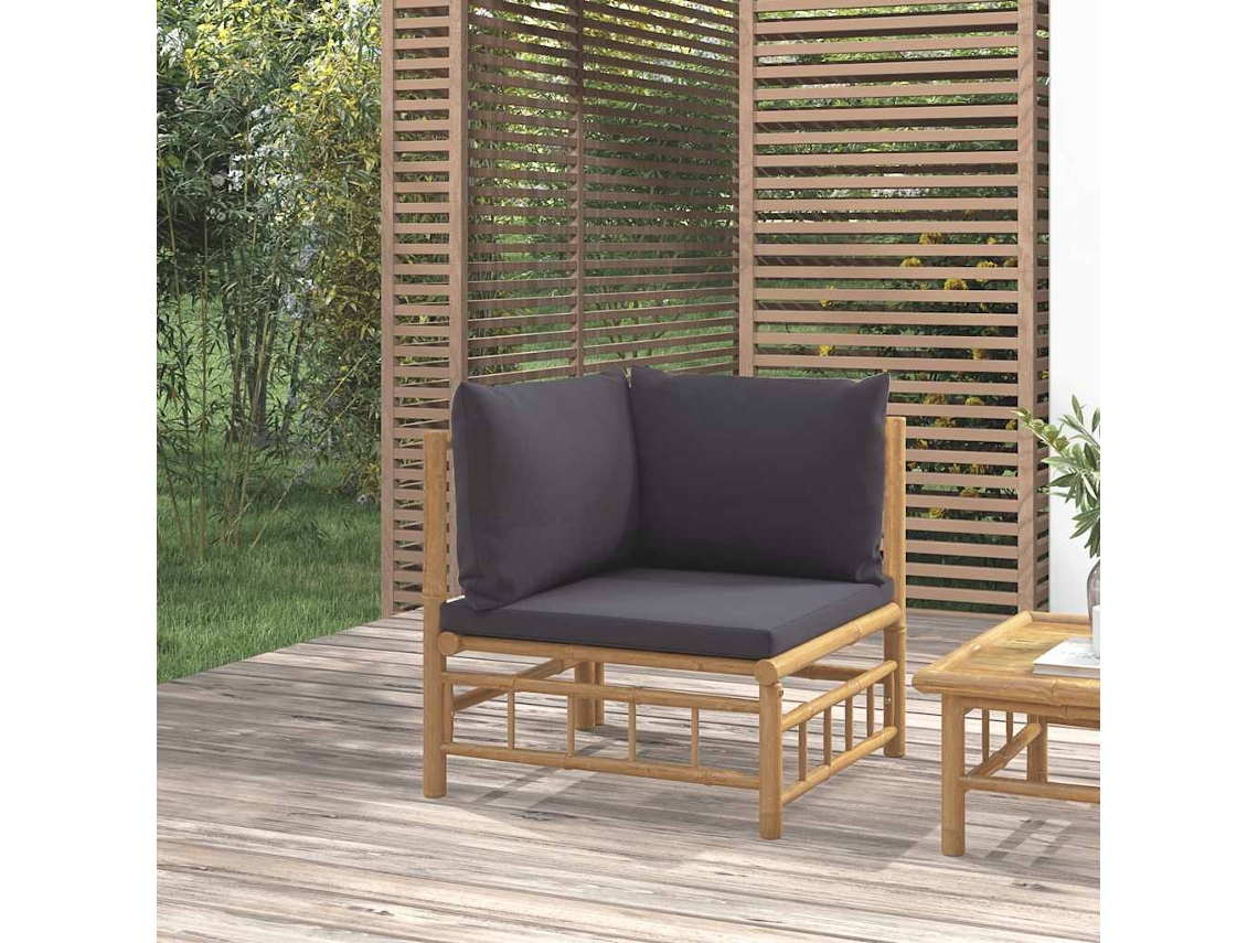 Vidaxl Sofá De Canto De Jardim Bambu Com Almofadões Cinzento-escuro
