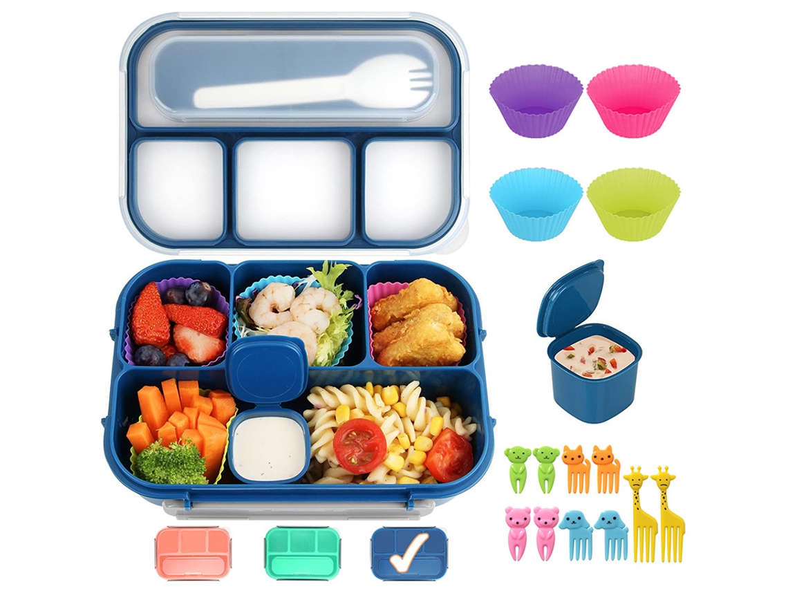 Lancheira infantil Gertiz Blue com 4 compartimentos, 1300ml, com garfo e copo para bolo
