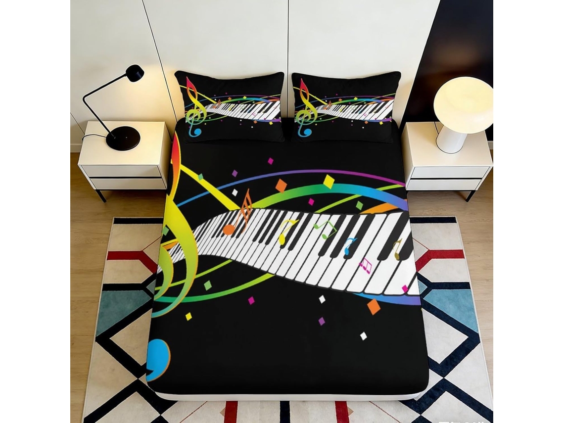 Conjunto de Cama com Estampa 3d Notas Music Microfibra Fronha 200x25cm