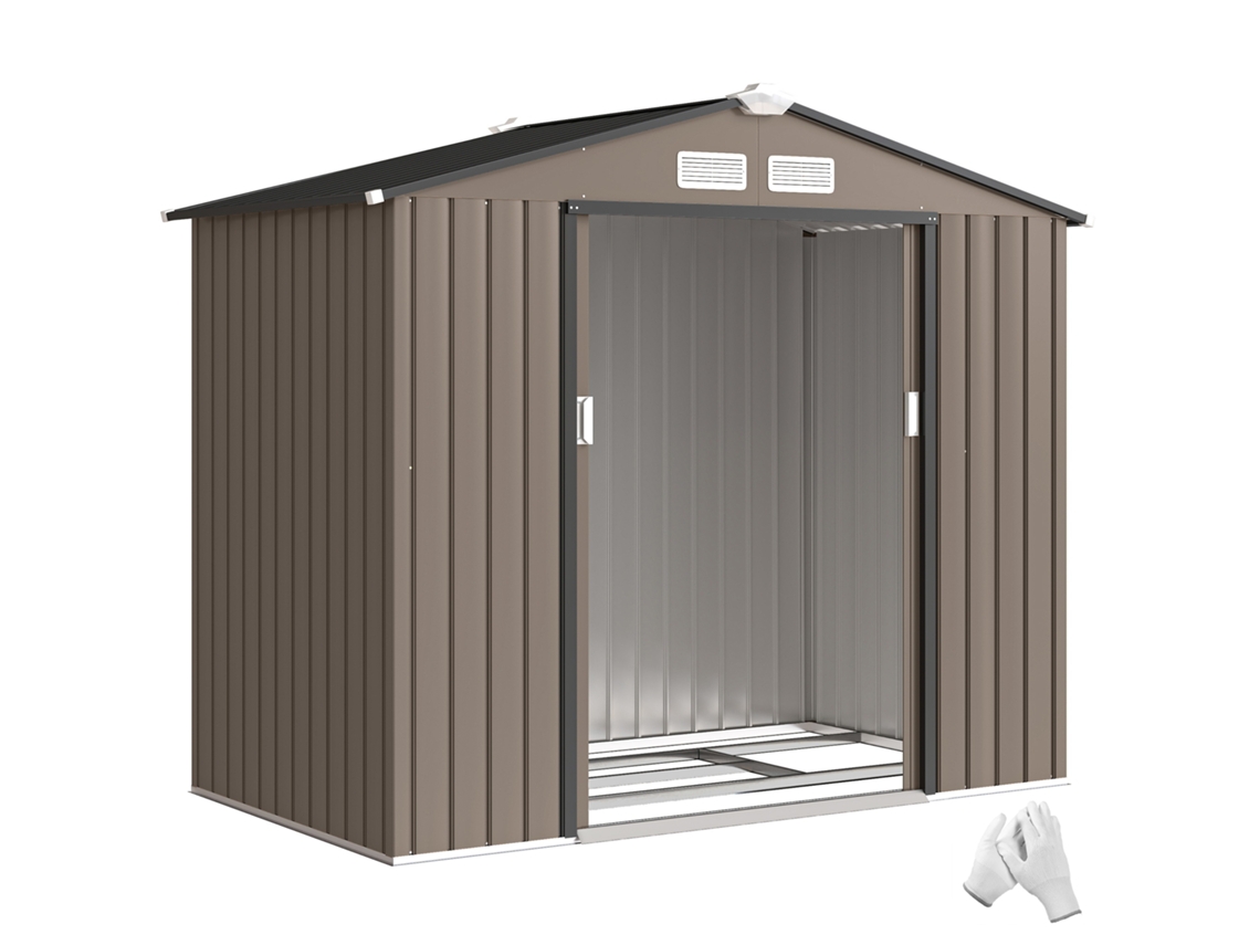 Casa de Jardim Metal com Aberturas de Ventilação e Porta Dupla Deslizante 2.1x1.3m marrom