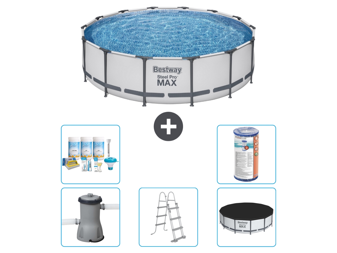 Piscina BESTWAY Round Steel Pro Max 427 X 107 Cm Cinza Incluindo Bomba Escada Cobertura Pacote de Manutenção Filtro