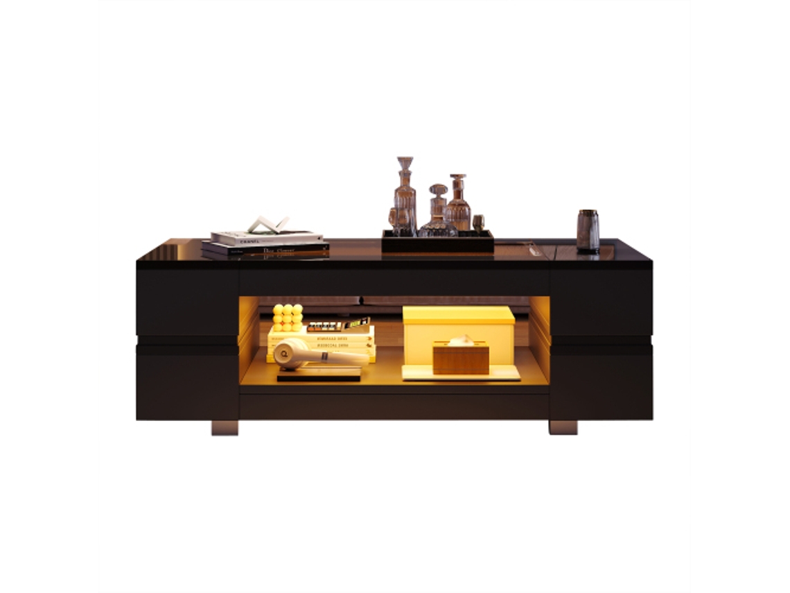 Mesa De Café Preta 2 Camadas Led Controle Bluetooth Ziwei Store