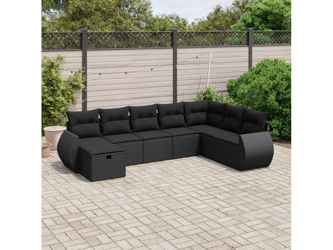 Conjunto de 8 Sofás de Jardim com Almofadas Vime Pe Preto Dkd Home Decor