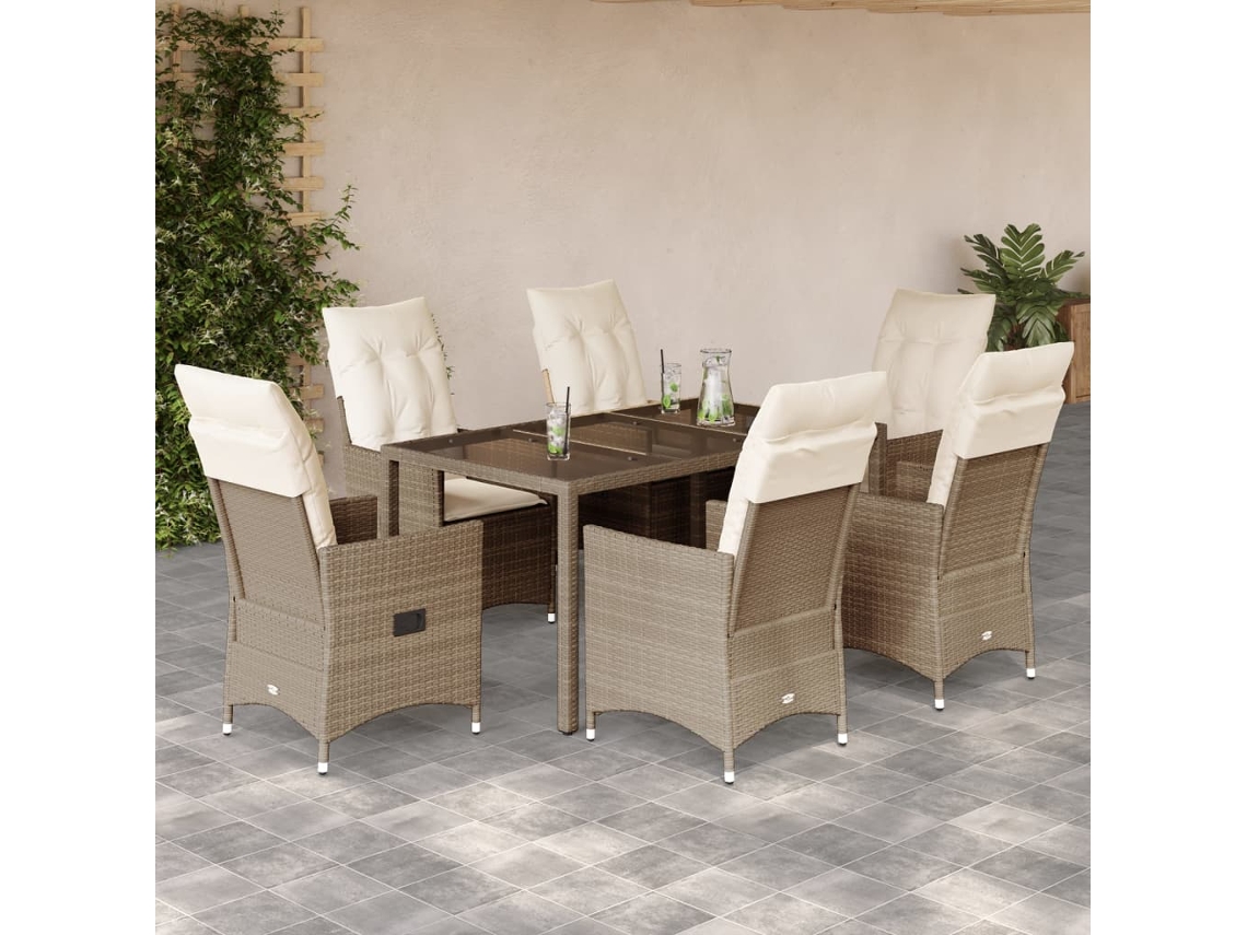 Vidaxl 7 Pcs Conjunto De Jantar P/ Jardim Com Almofadões Vime Pe Bege