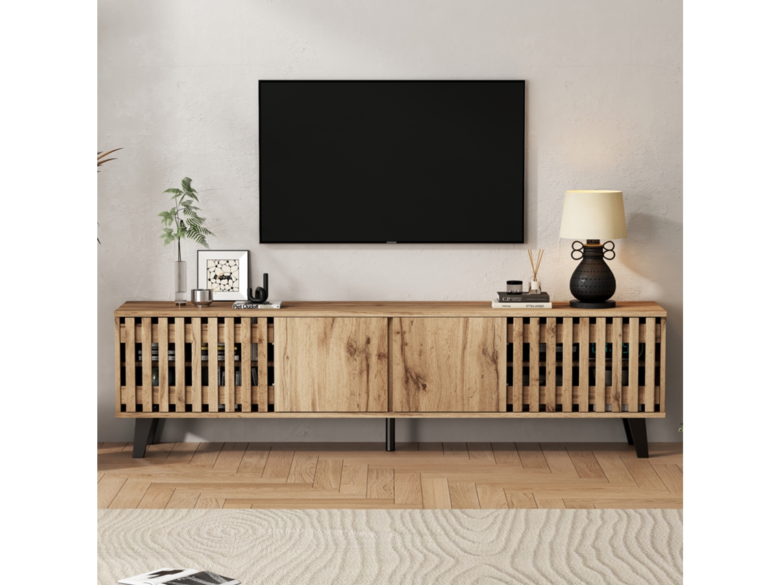 Móvel Tv 180x40x55cm Madeira Natural 8 Compartimentos 70 Polegadas Sala Estar