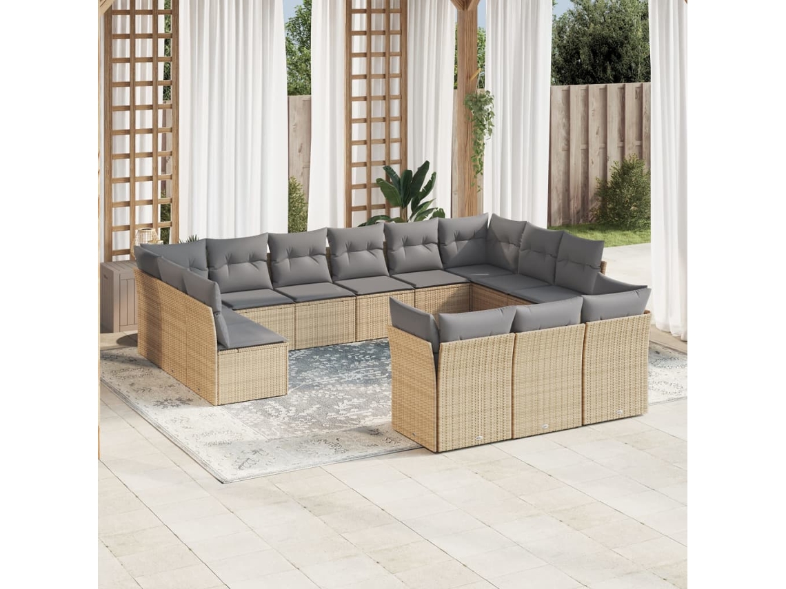 Vidaxl 13 Pcs Conjunto De Sofás P/ Jardim Com Almofadões Vime Pe Bege