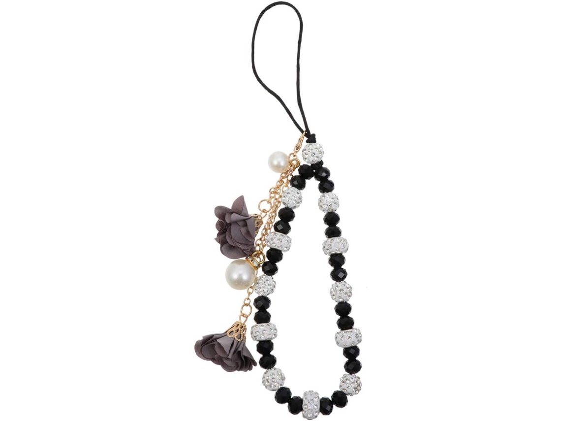 Cordão Para Celular (preto) - Cordão Para Celular Com Contas De Cristal E Pingente De Flor, Cordão Antiderrapante Para Celular, Joia Para Celular