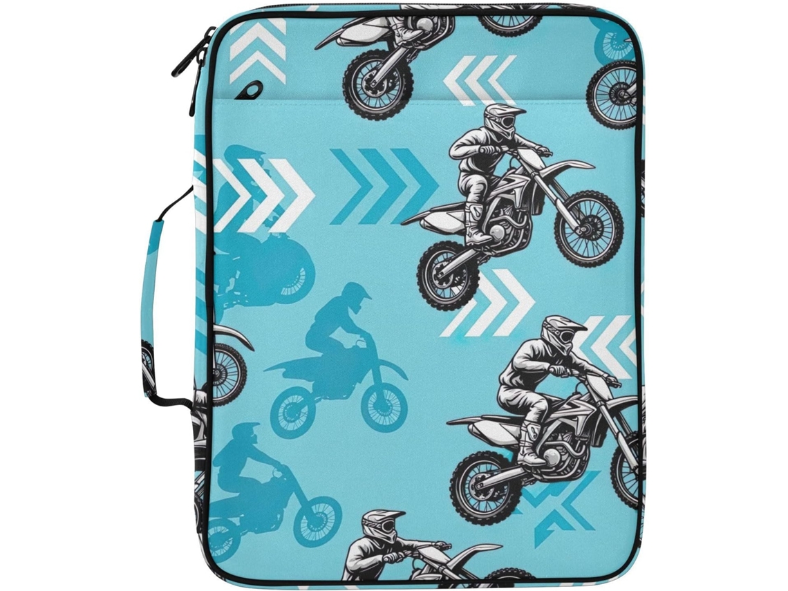 Pasta Expansível Motocross, Azul, Com 7 Bolsos, Fichário De 3 Argolas E Compartimento Com Zíper Escola