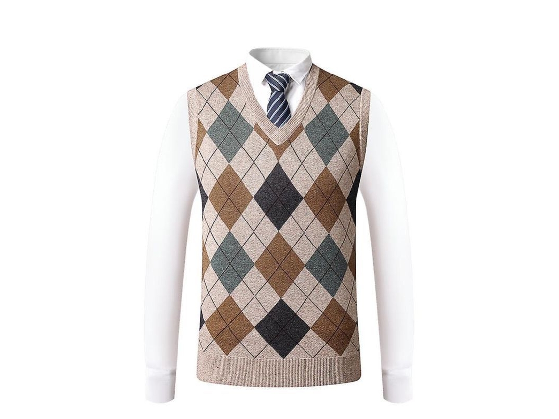 2026 chaleco Sem Mangas de Lã para Homem Pullover Gola V Tecido Slim Fit Estampado Argyle Cinza Bordeaux Bege M Caqui