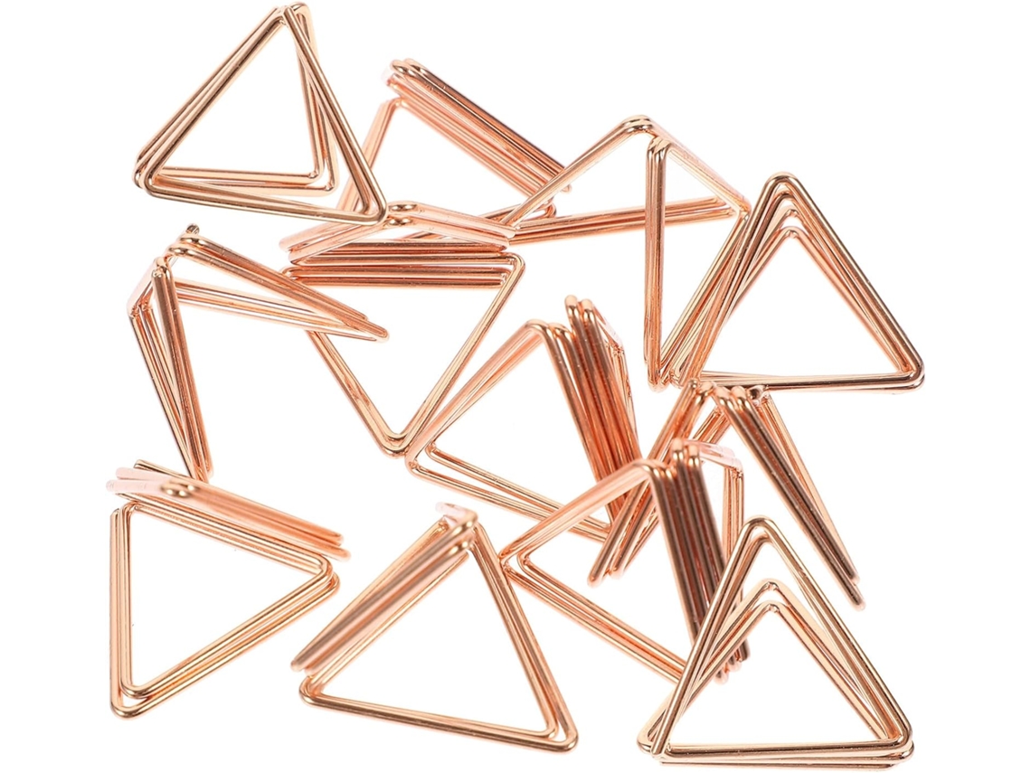 10 pequenos pinos triangulares de ferro, resistentes e duráveis, para exibir mensagens e fotos em mesas ou como decoração.