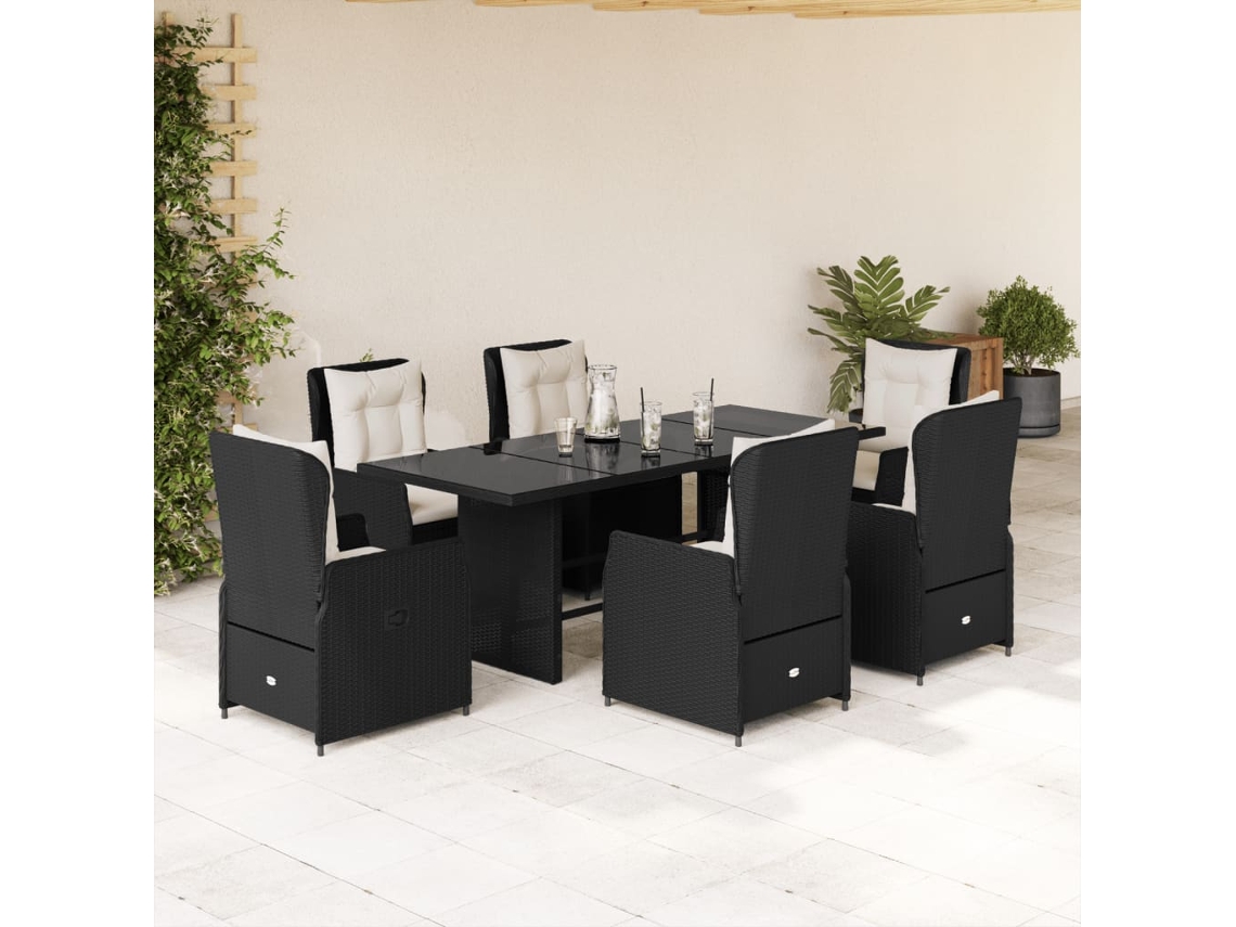 Vidaxl 7 Pcs Conjunto de Jantar P/ Jardim C/ Almofadões Vime Pe Preto