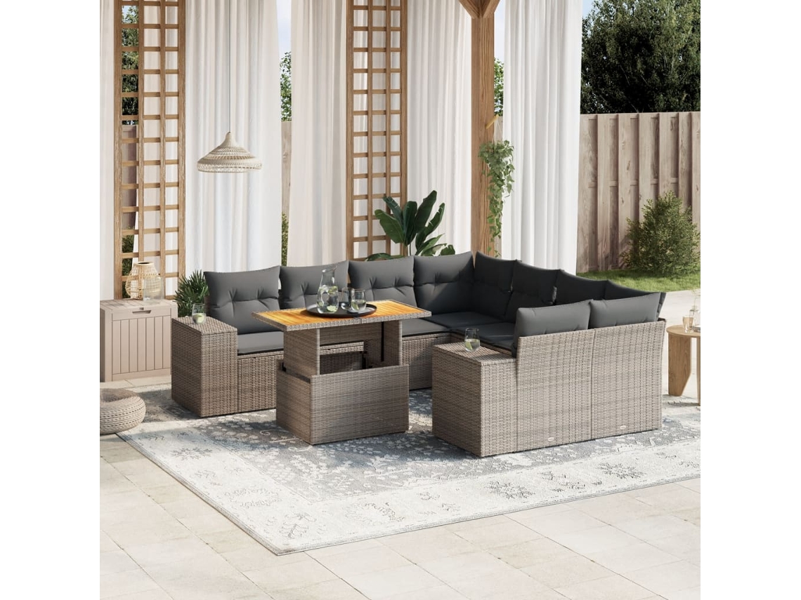 9 Pcs Conjunto Sofás P/ Jardim Com Almofadões Vime Pe Cinza Dkd Home Decor