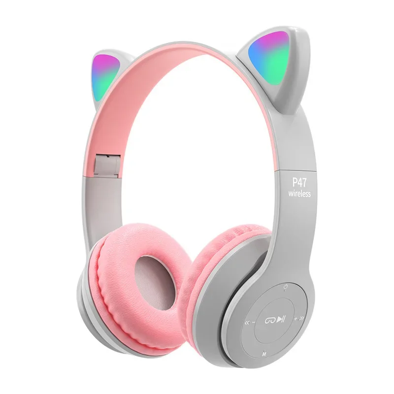 (cinza Rosa) Auscultadores Sem Fio Orelha De Gato Bluetooth Capacete Compatível Estéreo Bass Envolto Fones De Ouvido