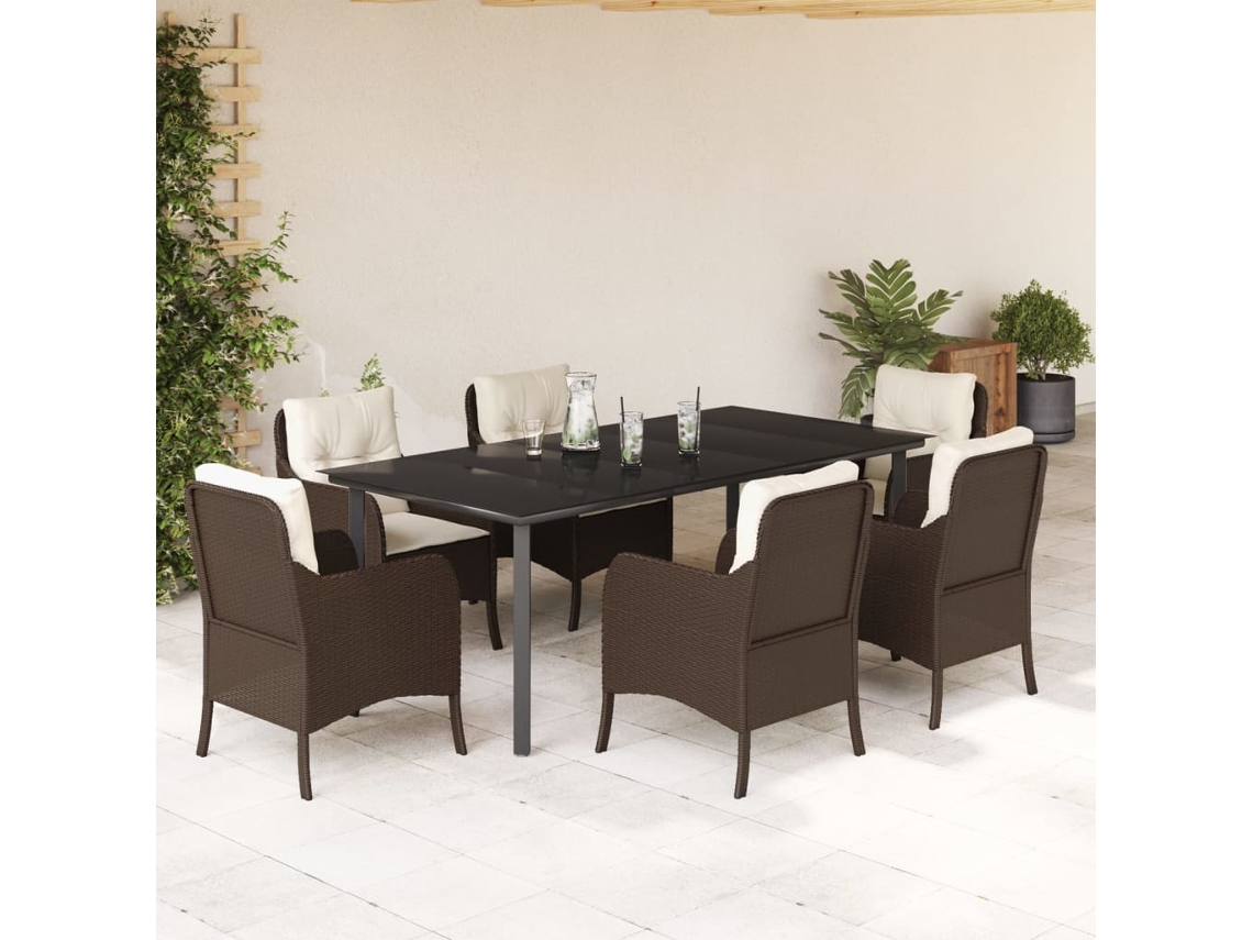 Vidaxl 7 Pcs Conjunto Jantar P/ Jardim C/ Almofadões Vime Pe Castanho