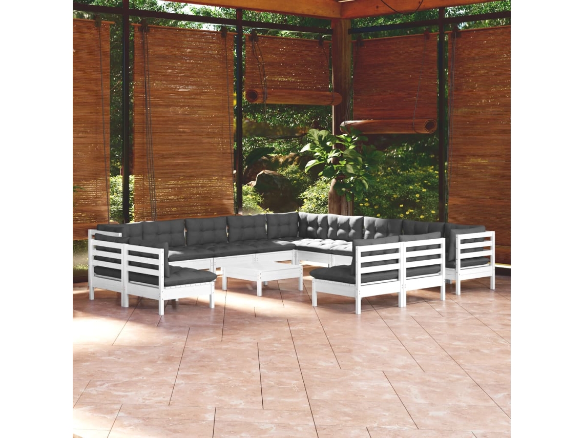 14 Pcs Conj. Lounge De Jardim C/ Almofadões Pinho Maciço Branco Dkd Home Decor
