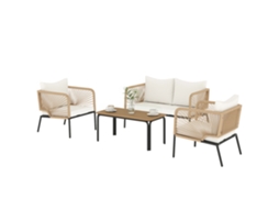 Conjunto Jardim 4 Peças com sofá, 2 poltronas, mesa Wpc, corda ratão e almofadas brancas | S/MARCA