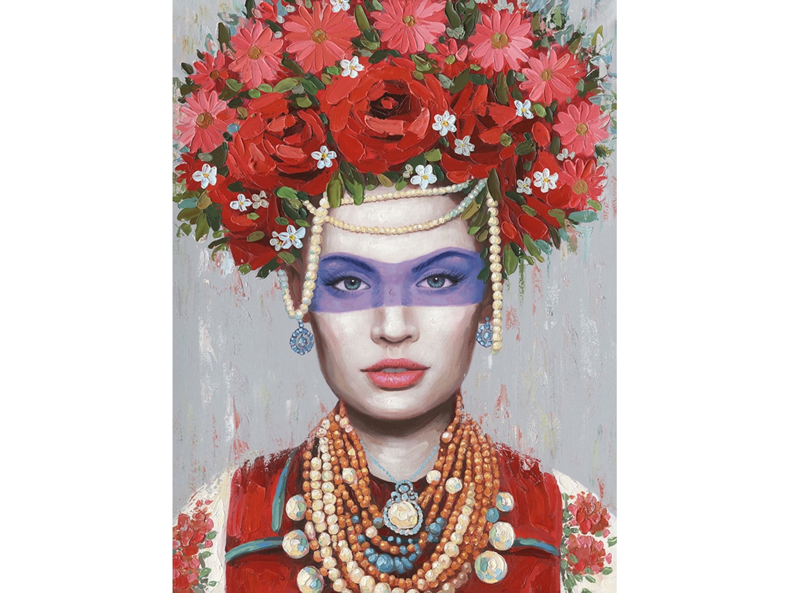 Quadro a Óleo HISPANOHOGAR Mulher, flores e máscara (70x100cm)