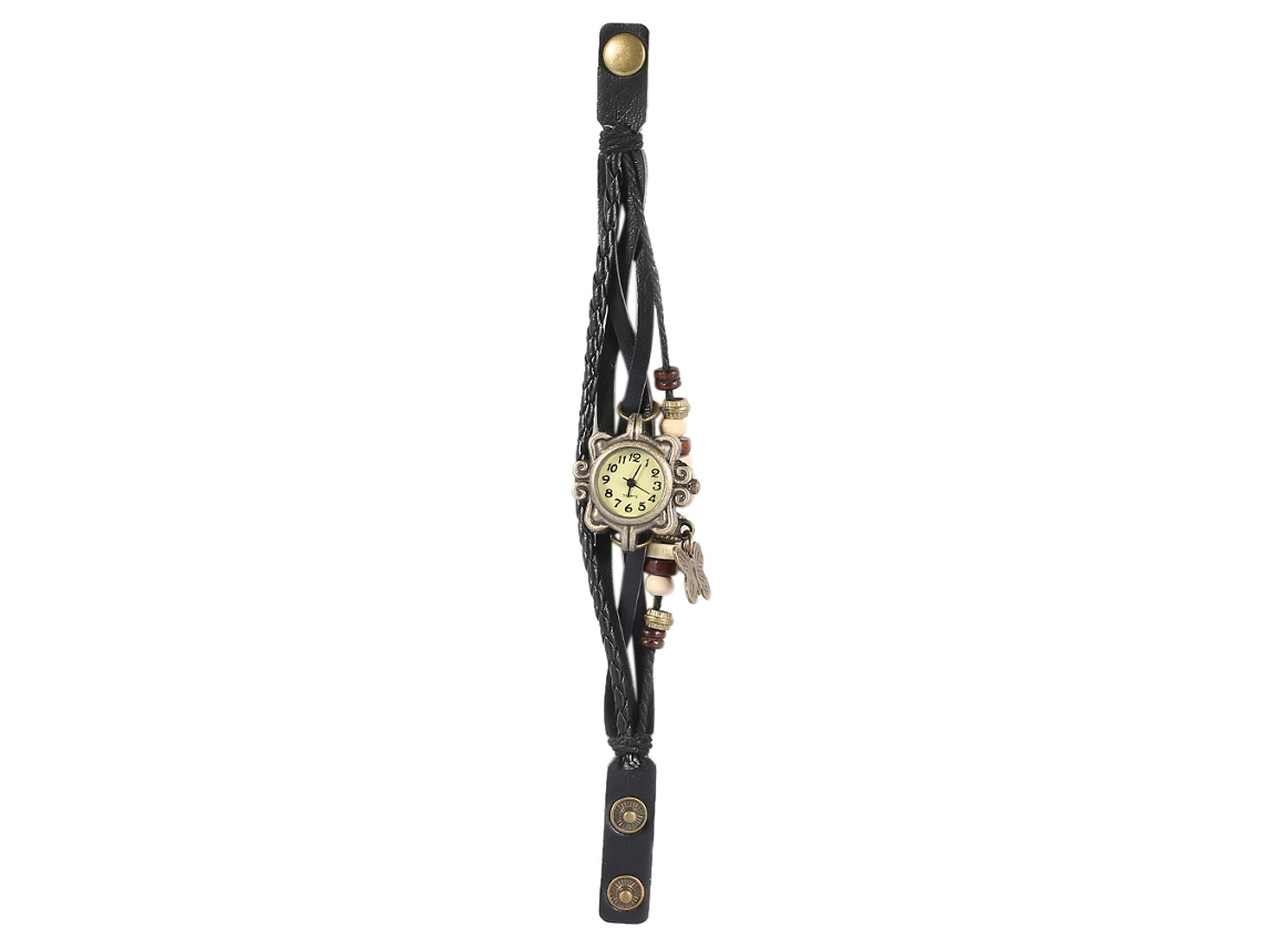 Relógio de Pulso Mulher com Pulseira de Couro Pu Trançada Roman Braid Quartz Analógico Preto