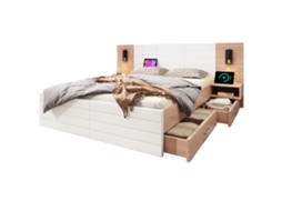 Cama de Casal em Madeira 160x200cm com gavetas, cabeceira iluminada e carregador Usb, inclui mesas de cabeceira e estrado PAPRIKA