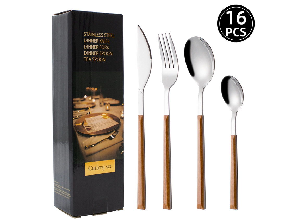 Conjunto De Talheres Em Aço Inoxidável 430 Com Cabo De Plástico Imitando Madeira (16 Peças)