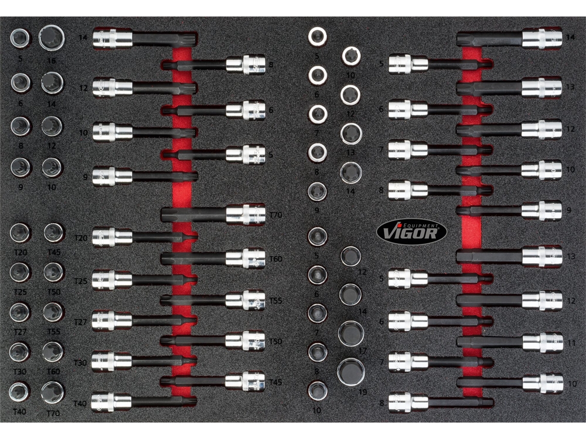 Conjunto de soquete de chave de fenda VIGOR V4753 Quadrado oco 1/2 polegada 12 5 mm Perfil T Perfil hexagonal interno 5 - 19 · M5 -