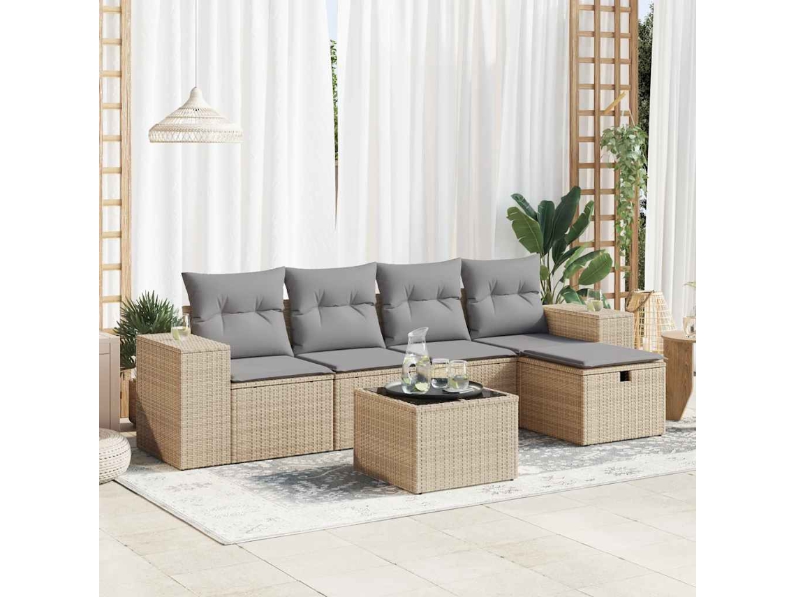 Vidaxl 6 Pcs Conjunto De Sofás P/ Jardim Com Almofadões Vime Pe Bege