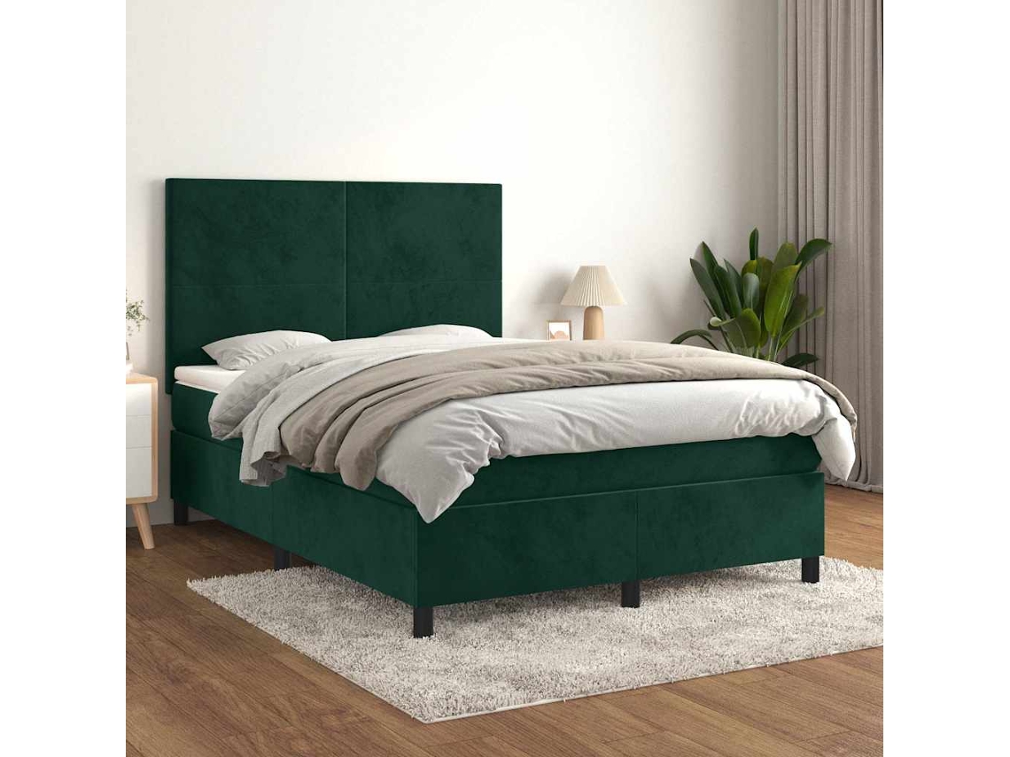 Vidaxl Cama Com Molas/colchão 140x190 Cm Veludo Verde-escuro
