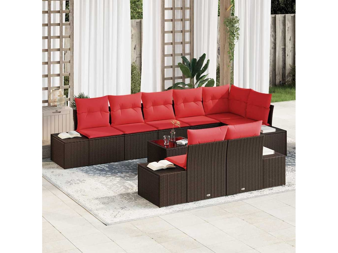 Vidaxl Conjunto De Sofá De Jardim Marrom E Vermelho Rattan Sintético