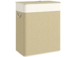 Cesto de Roupa com Tampa 100l de Bambu com 2 Compartimentos Bolsa Interior Amóvivel 52x32x63 Cm Bege e Creme Ge