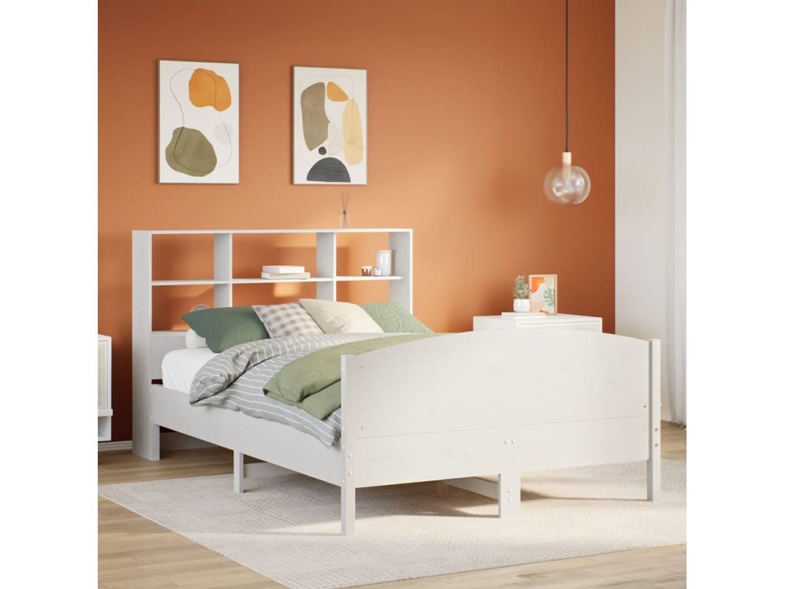 Vidaxl Cama Com Estante Sem Colchão 160x200 Cm Pinho Maciço Branco