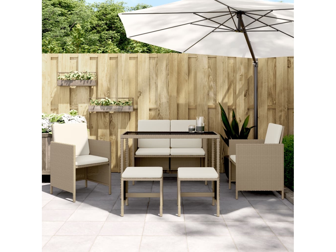 Vidaxl 6 Pcs Conjunto De Jantar P/ Jardim Com Almofadões Vime Pe Bege