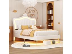 Cama Infantil Estofada 90x200 Cm Para Meninas Com Cabeceira Pu Branca, Led, Estrado De Ripas E Design Moderno (sem Colchão)