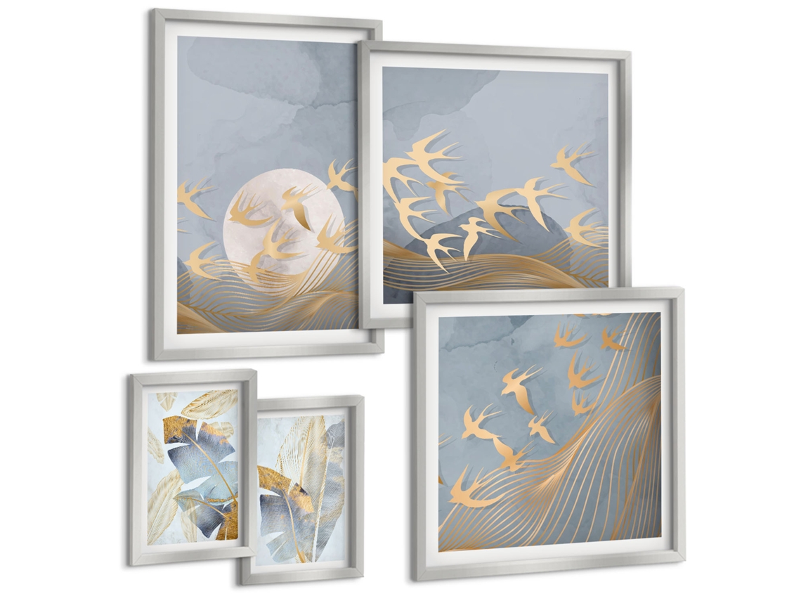 Quadros Decorativos Para Parede Paisagens De Montanhas E Mar, Pôr Do Sol Moldura Prateada Fotos Para O Escritório Espelharte (conjunto De 5 Imagens)