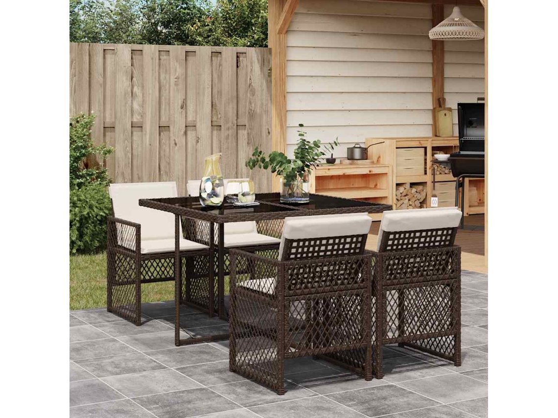 Vidaxl 5 Pcs Conjunto Jantar P/ Jardim C/ Almofadões Vime Pe Castanho