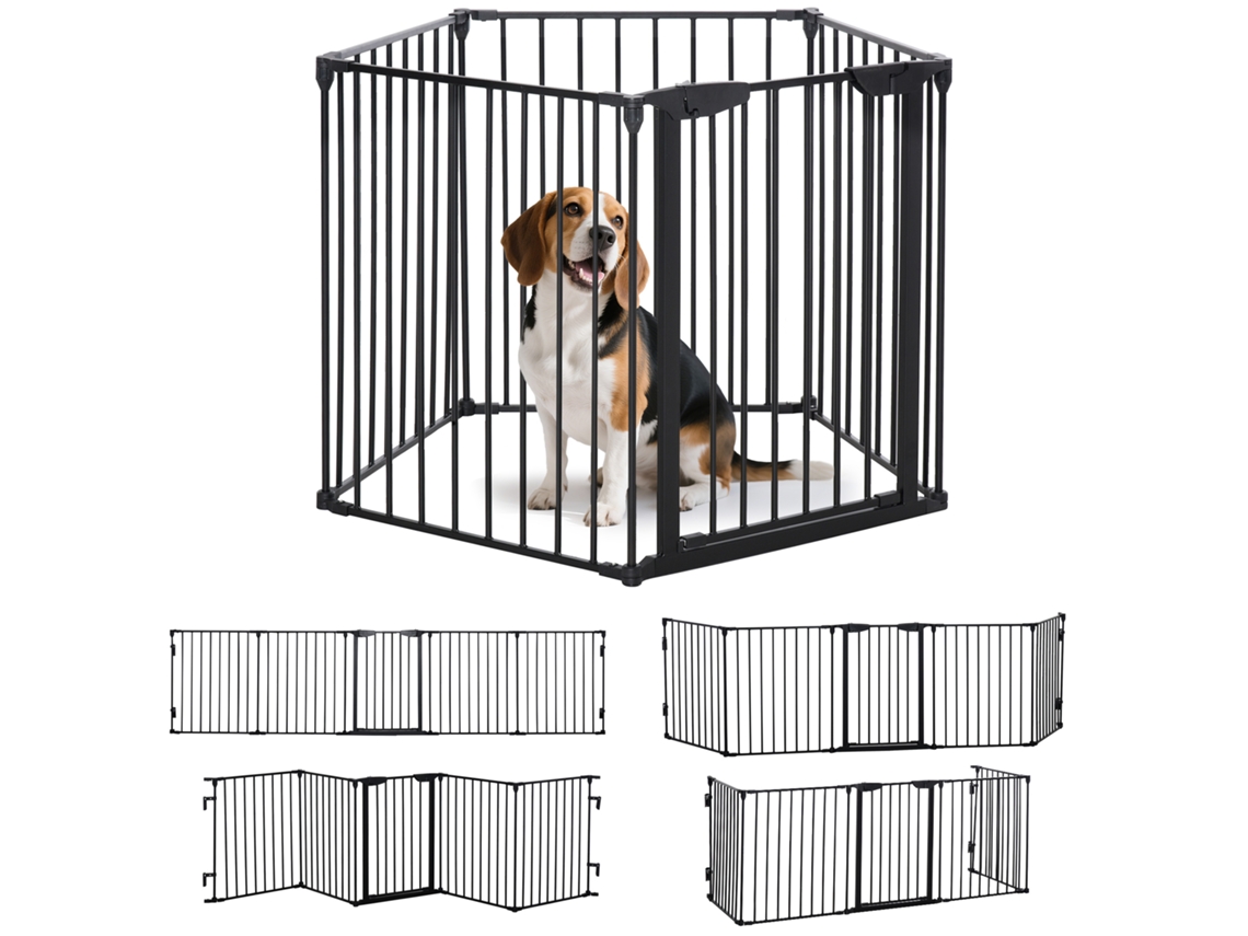 Barreira Segurança Animais Dobrável 5 Painéis C/ Fechadura 300x74,5 Cm Preto