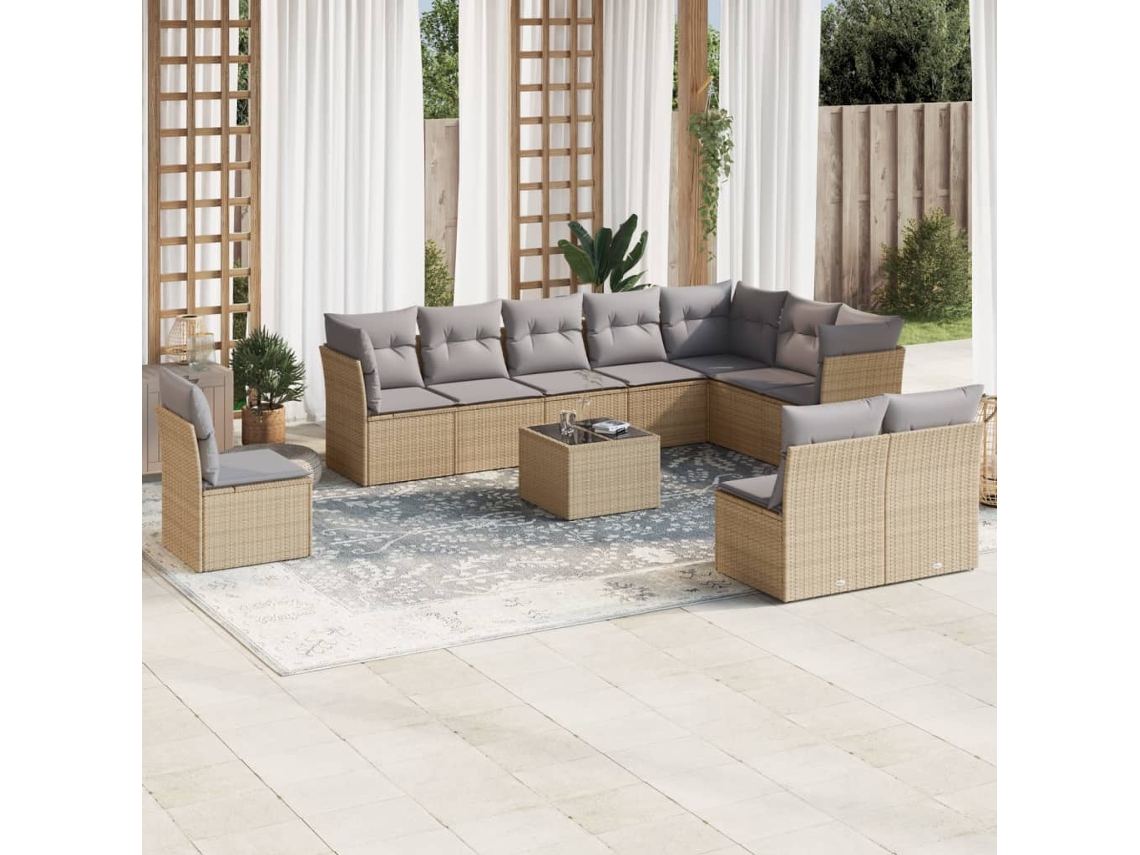 Vidaxl 11 Pcs Conjunto Sofás De Jardim C/ Almofadões Vime Pe Bege