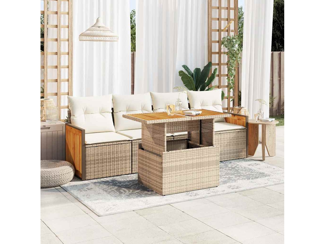 Vidaxl 5 Pcs Conj. Sofás P/ Jardim C/ Almofadões Vime Pe/acácia Bege